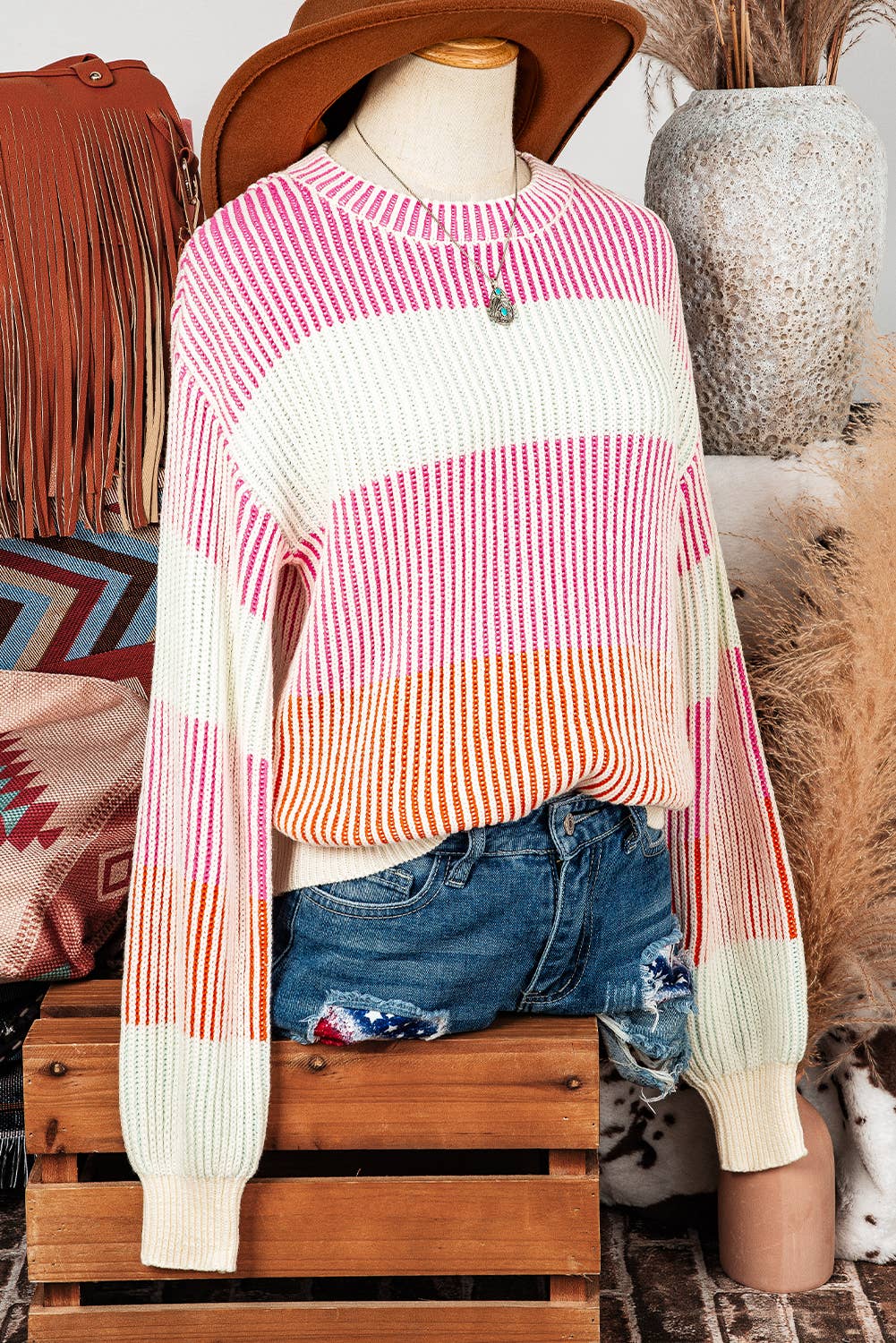 Fall Colorblock Textured Knit Bubble Sleeve Sweater