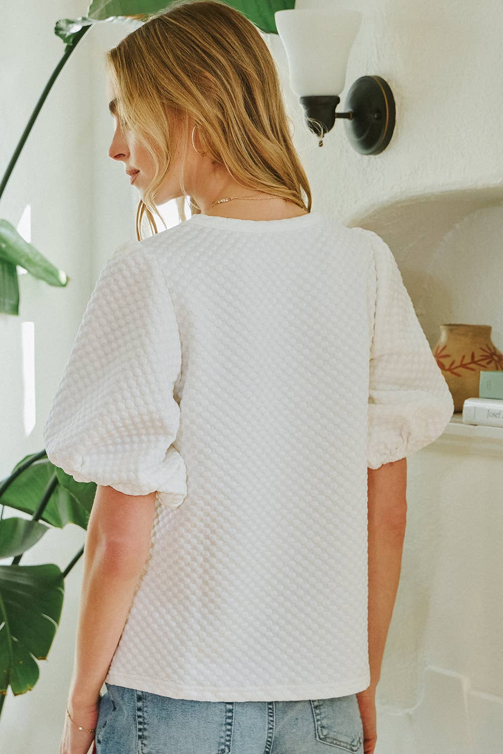 Fashion-W Textured O Neck Puff Sleeve Blouse