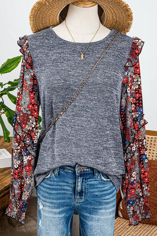 Fashion-W Contrast Ruffle Floral Sleeve Top