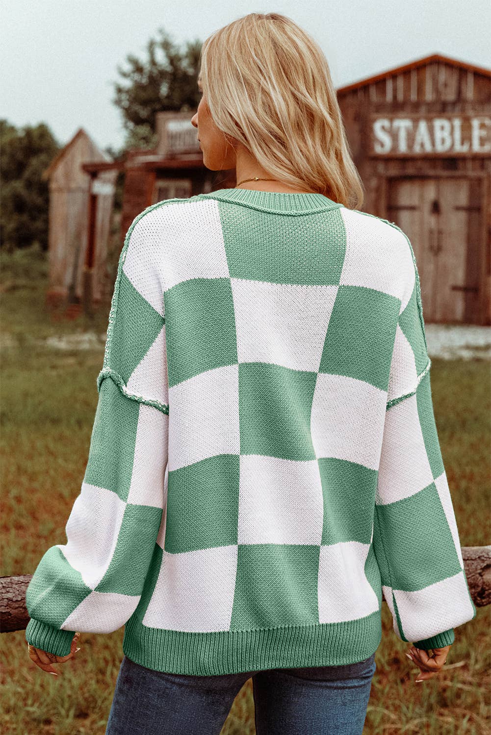 Fashion-W Checkered Bishop Sleeve Sweater*S-2XL
