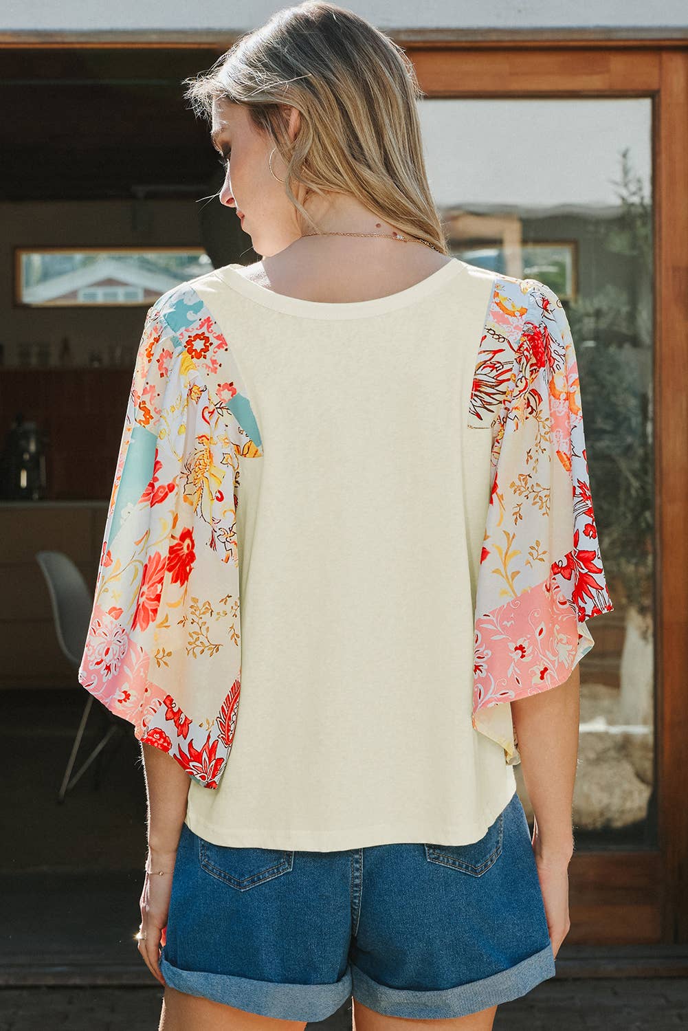 Fashion-W Floral Patchwork Half Batwing Sleeve Blouse
