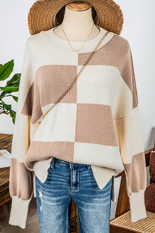 Fashion Checkered Side Slits Drop Shoulder Oversized Sweater