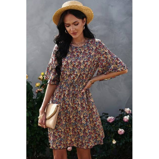 Crew Neck Half Sleeve Flower Dress-