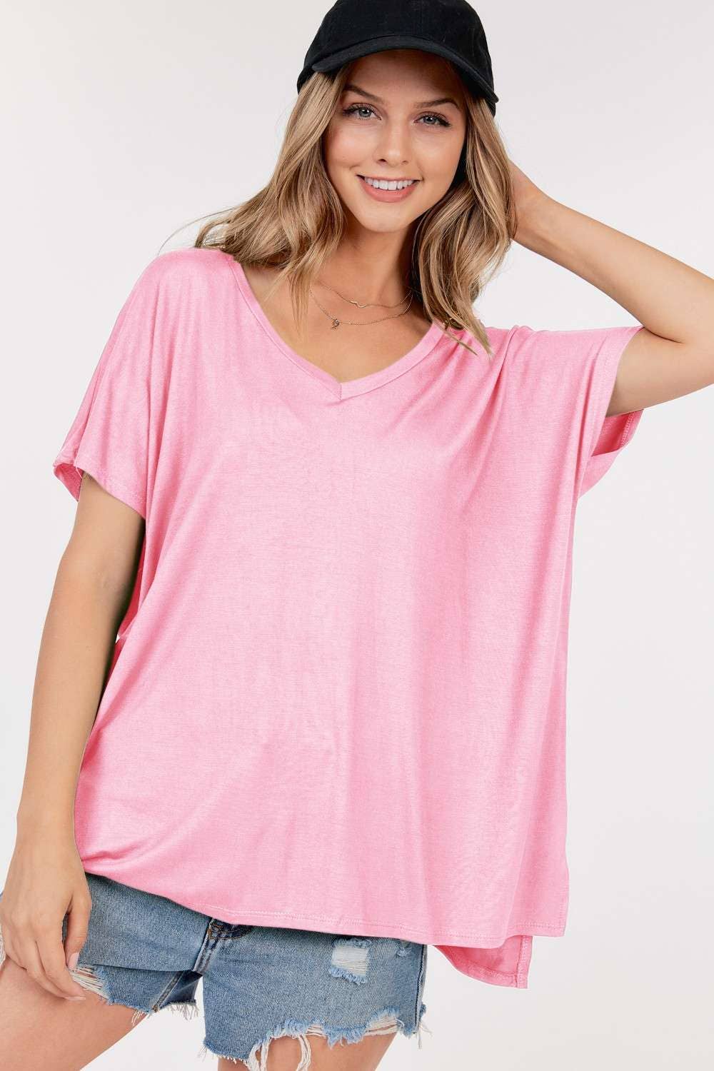 Basic Short Sleeve V Neck Boxy Top