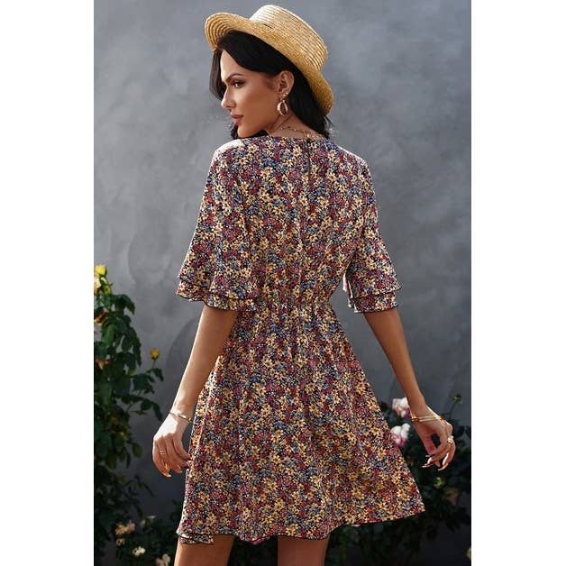 Crew Neck Half Sleeve Flower Dress-