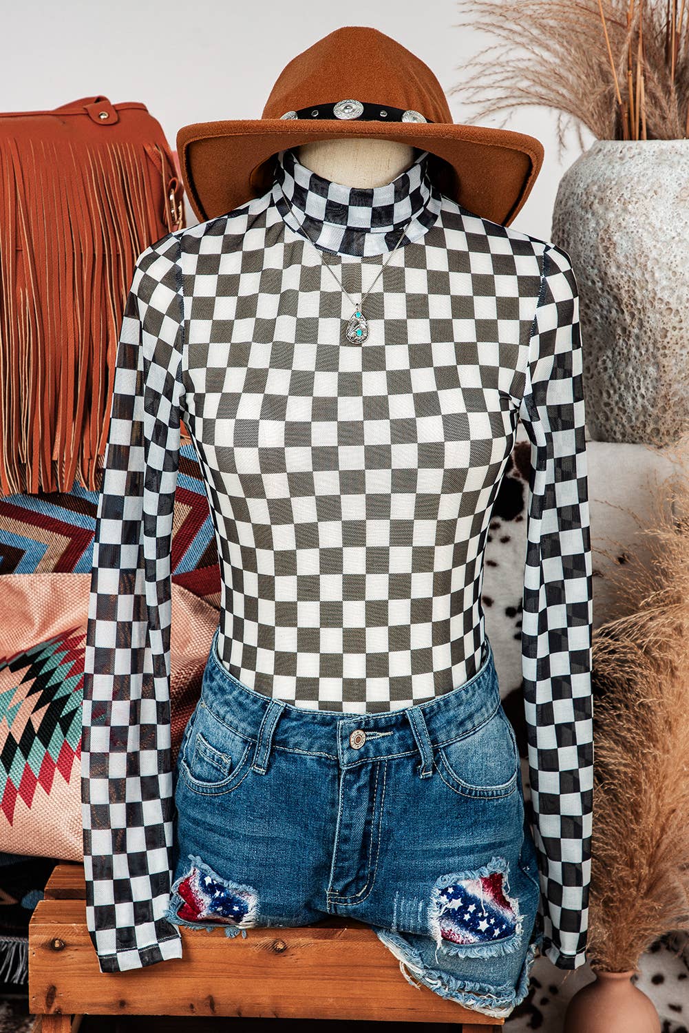 Fashion-W Checkered Long Sleeve High Neck Bodysuit
