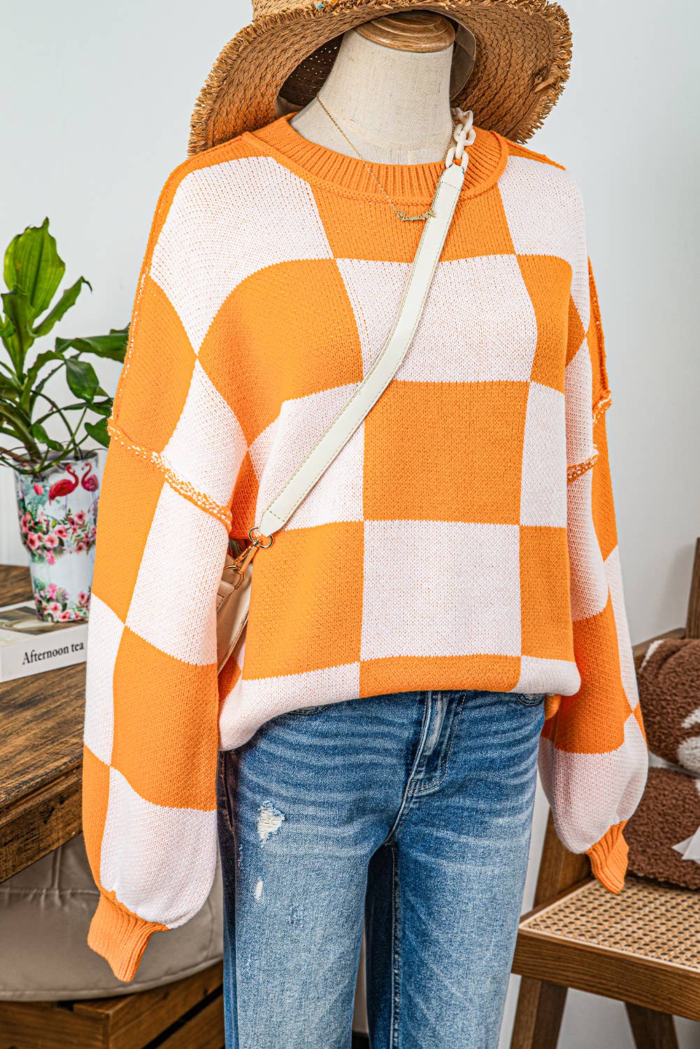 Fashion-W Checkered Bishop Sleeve Sweater*S-2XL