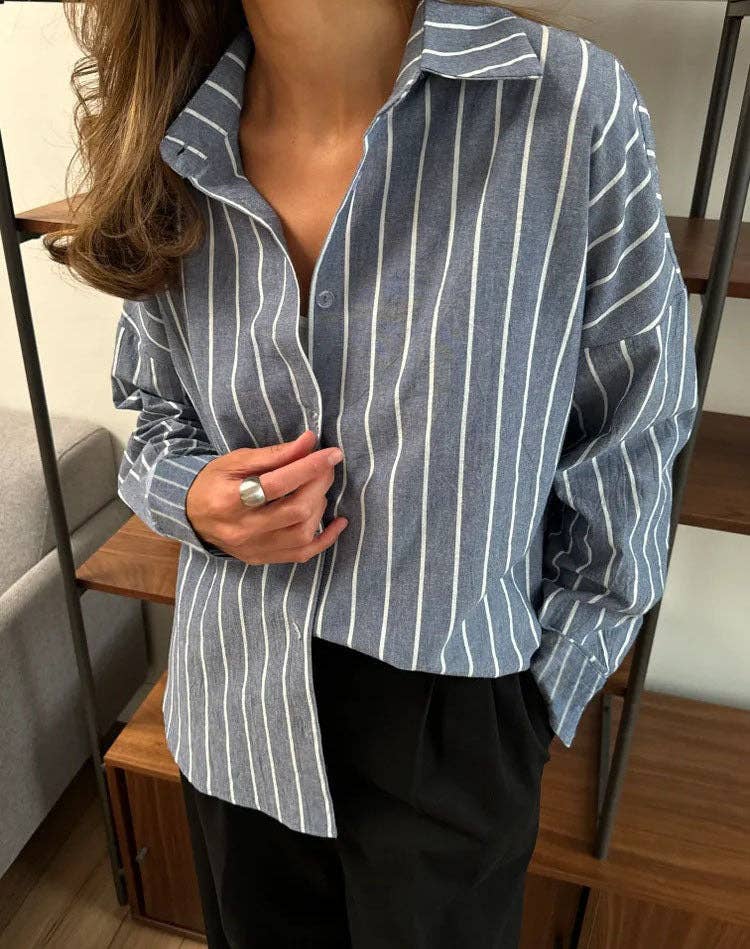 Striped Oversized Button Down Shirt Blouse