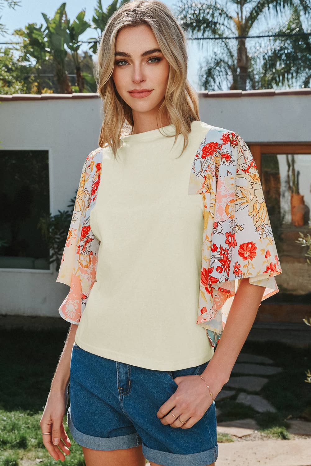 Fashion-W Floral Patchwork Half Batwing Sleeve Blouse