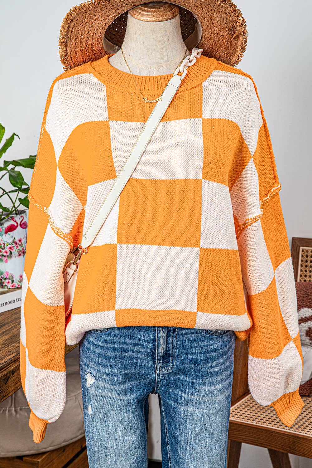 Fashion-W Checkered Bishop Sleeve Sweater*S-2XL