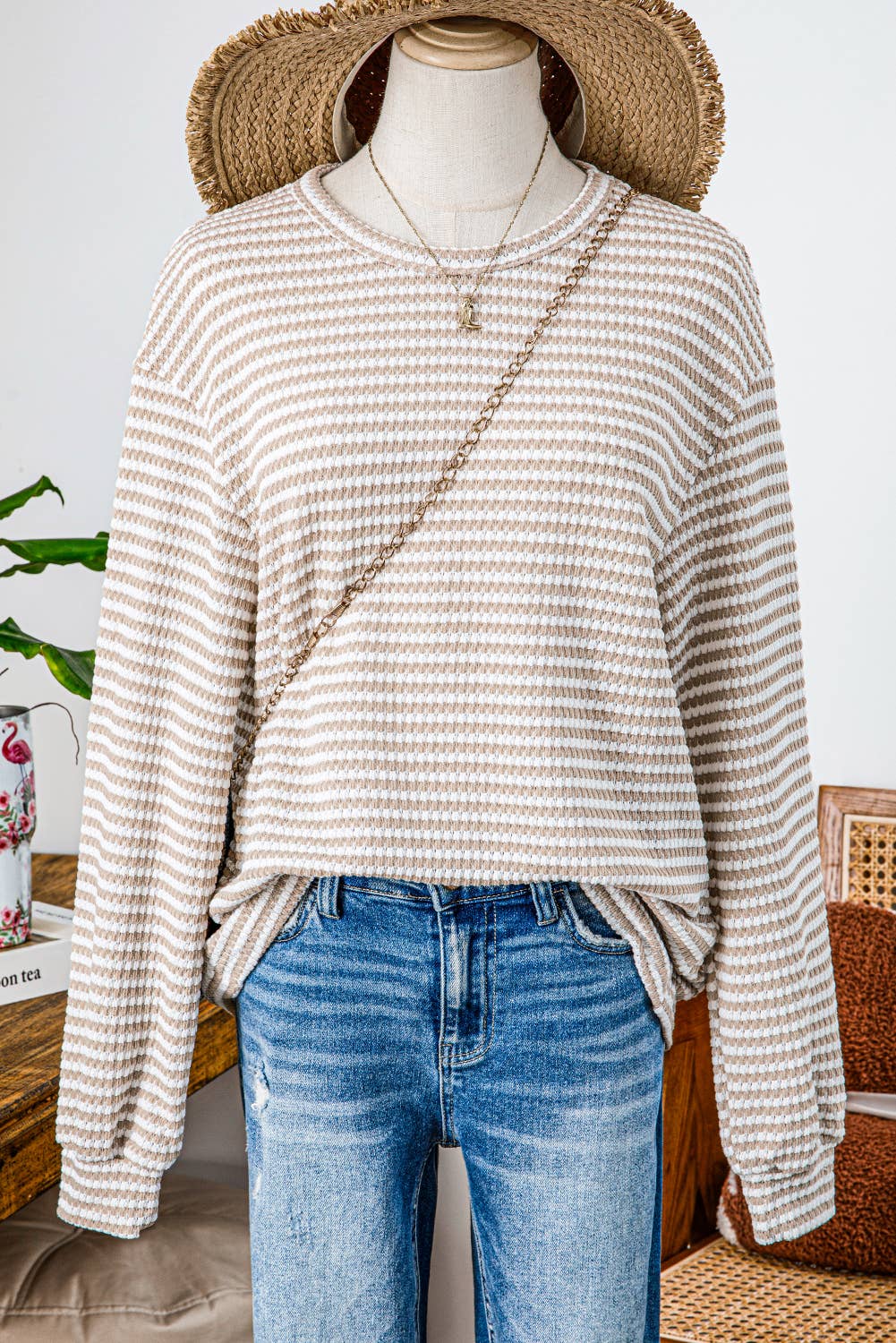 Fall Stripe Round Neck Drop Shoulder Long Sleeve Top*S-3XL