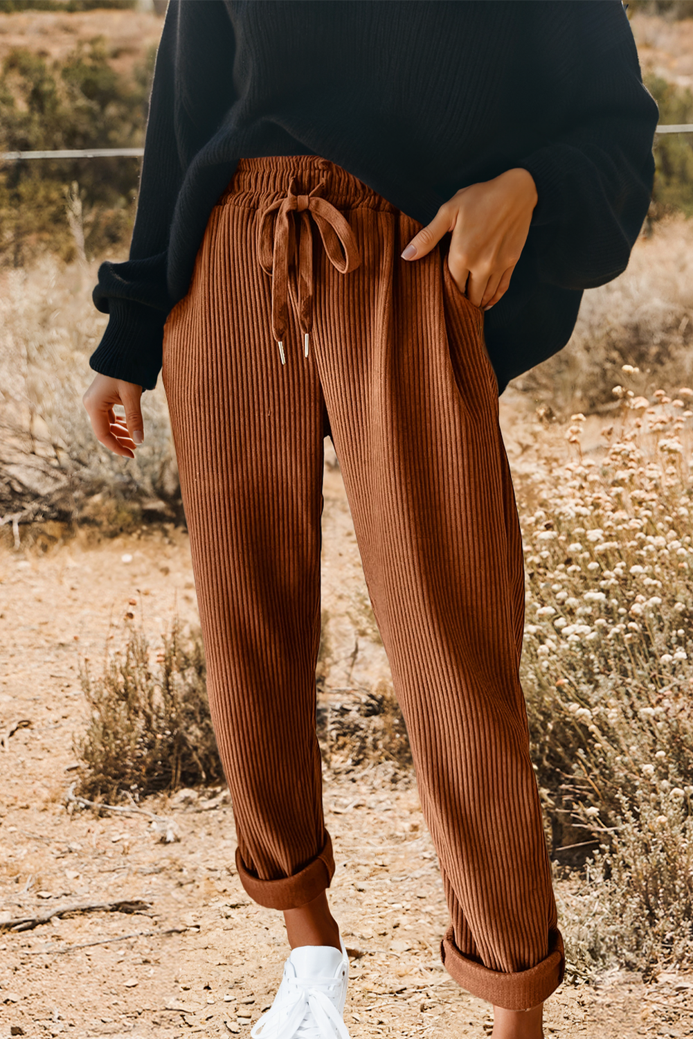 Fashion-W Drawstring Elastic Waist Casual Corduroy Pants