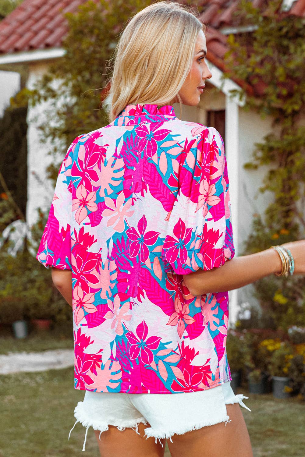 Fashion-W Tropical Plant Printed V Neck Puff Sleeve Blouse