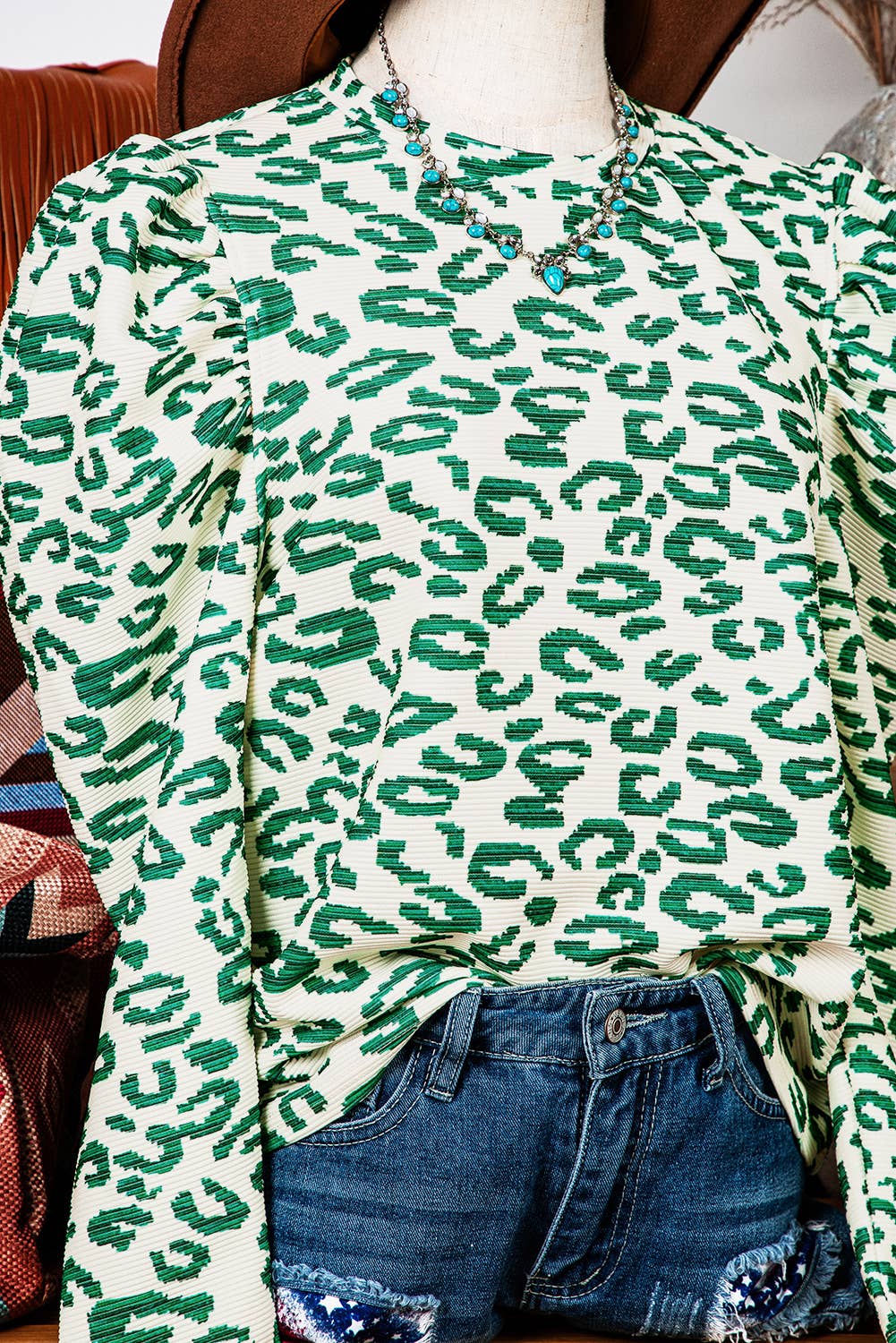 Fashion-W Leopard Print Mock Neck Puff Sleeve Top