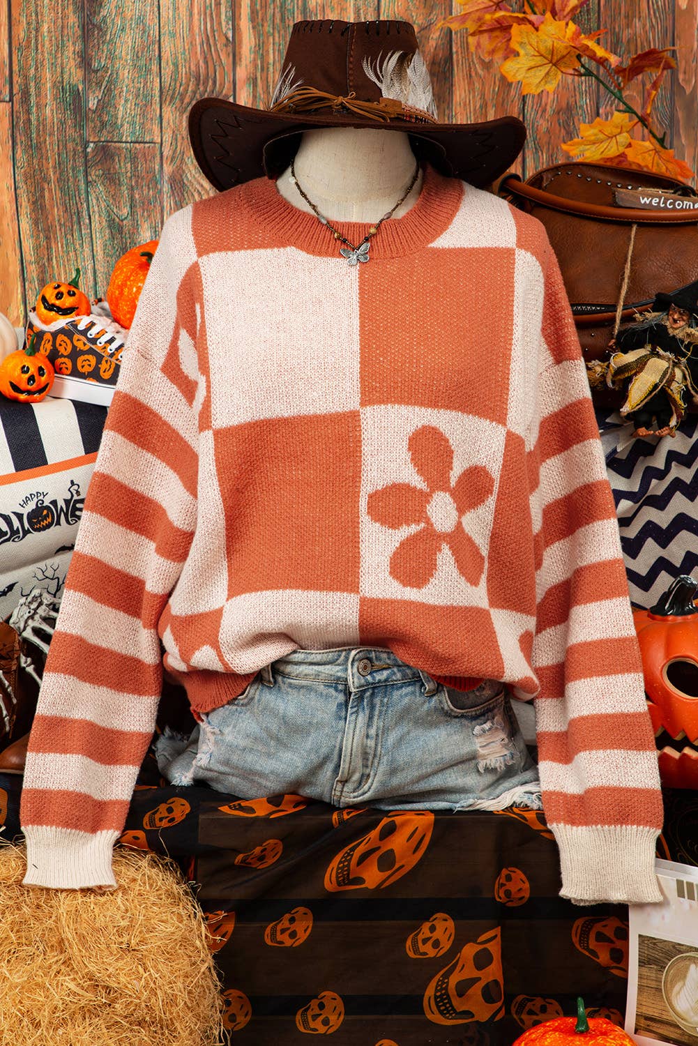 Fashion-W Fall Checker Floral Stripe Sweater*S-2XL