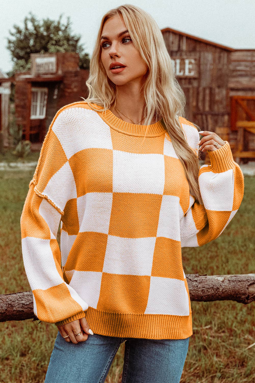 Fashion-W Checkered Bishop Sleeve Sweater*S-2XL