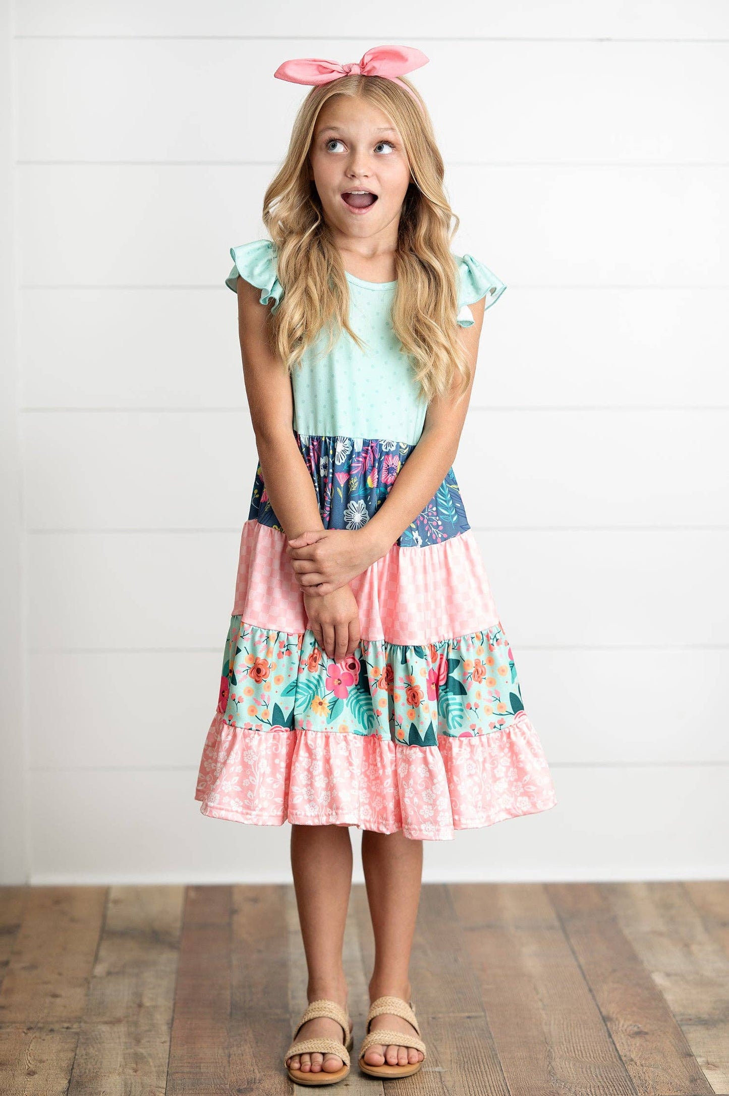 Girls Ava Coral Mint Floral Tiered Spring Easter Dress