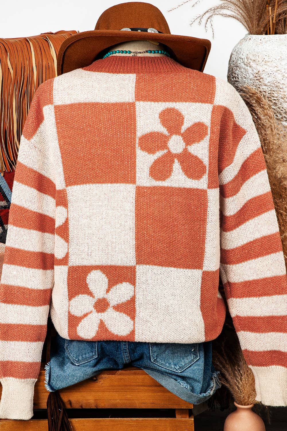 Fashion-W Fall Checker Floral Stripe Sweater*S-2XL