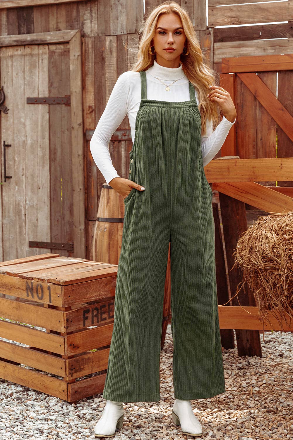Fashion-W Fall Solid Pocketed Loose Fit Corduroy Overall