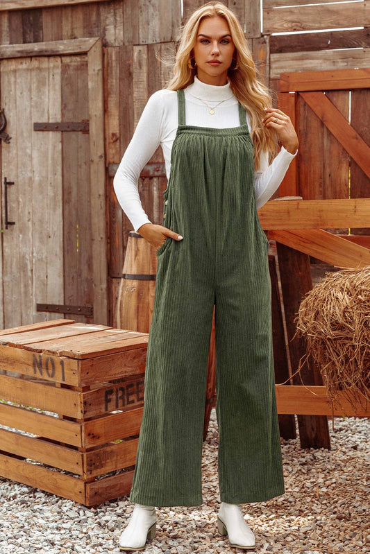 Fashion-W Fall Solid Pocketed Loose Fit Corduroy Overall