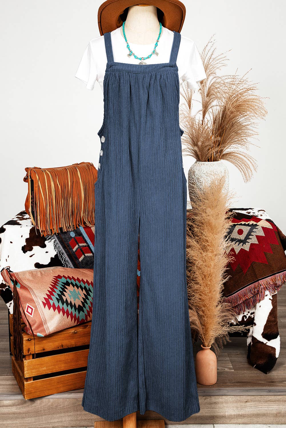 Fashion-W Fall Solid Pocketed Loose Fit Corduroy Overall