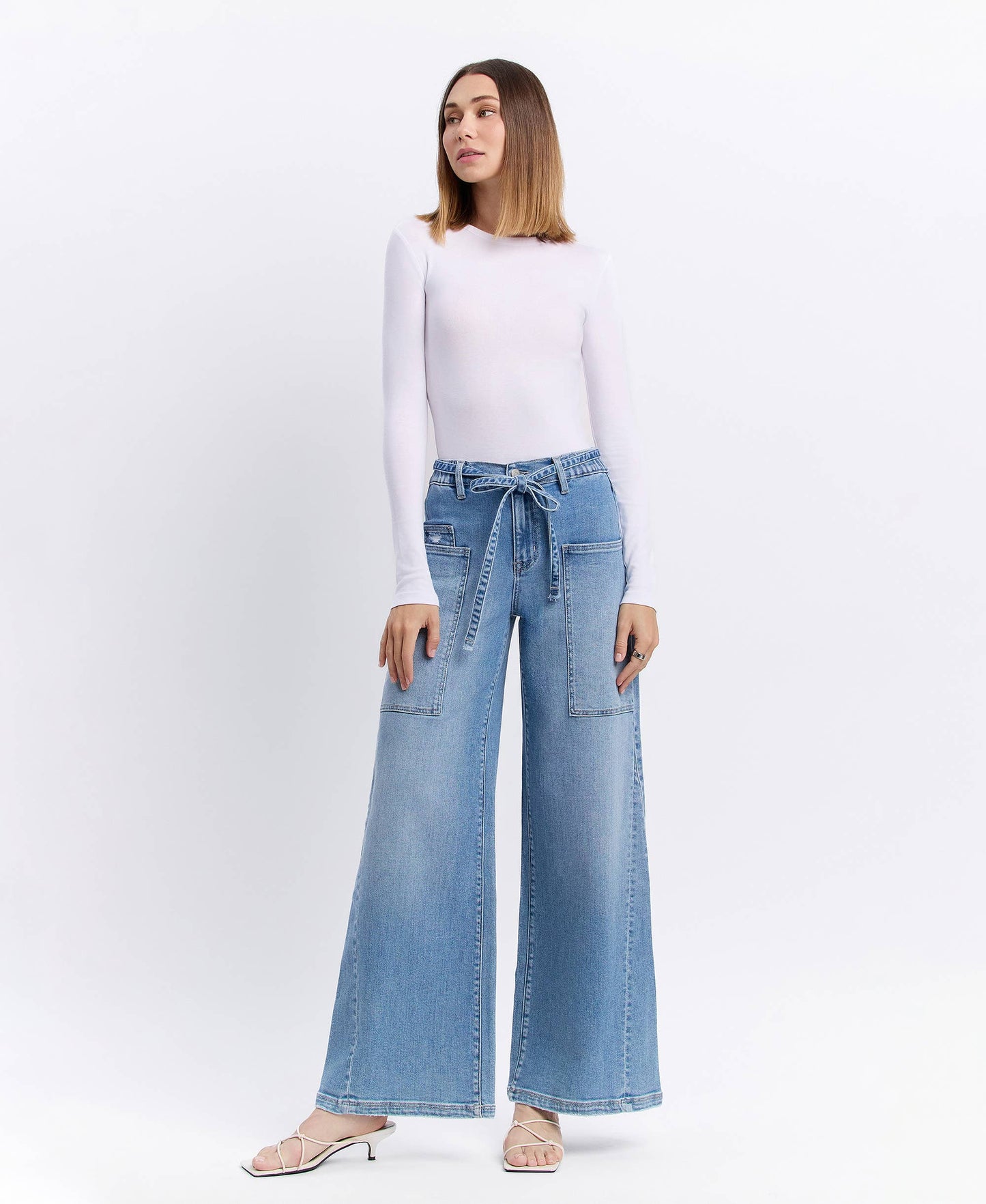 HIGH RISE ELASTIC TIE WAISTBAND BAGGY WIDE JEANS F5955