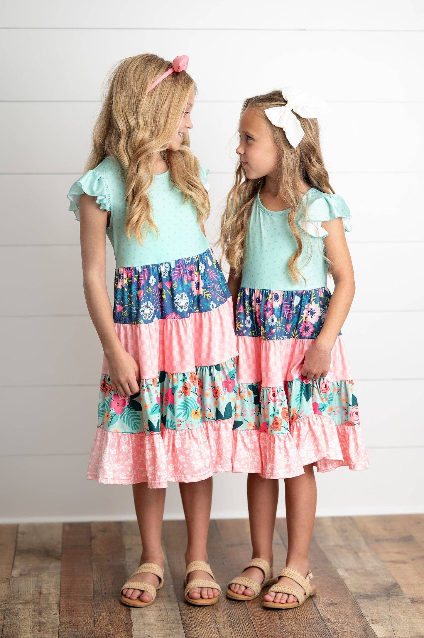 Girls Ava Coral Mint Floral Tiered Spring Easter Dress