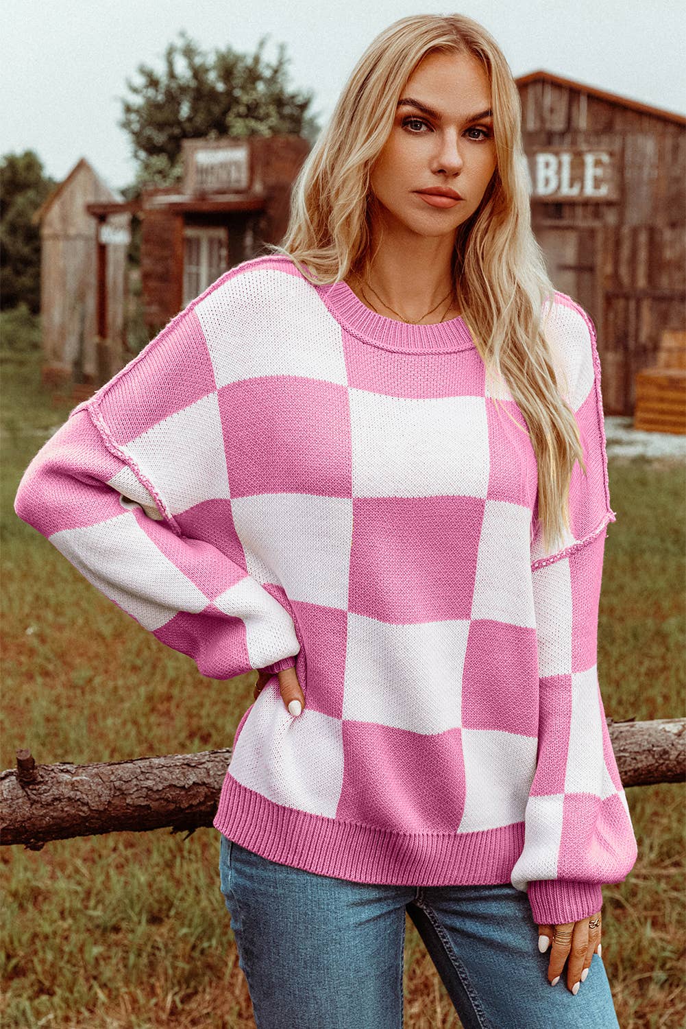 Fashion-W Checkered Bishop Sleeve Sweater*S-2XL