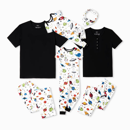 Space Theme Print Short-sleeve Matching Bamboo Pajama Set
