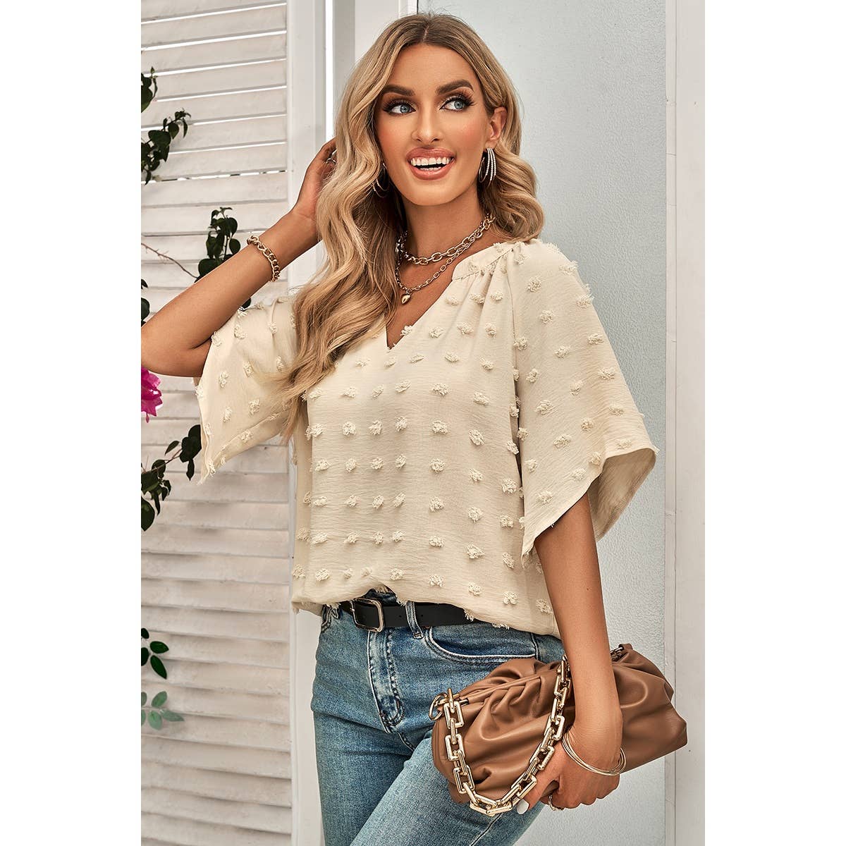 Solid Polk Dot V Neck Loose Fit Top
