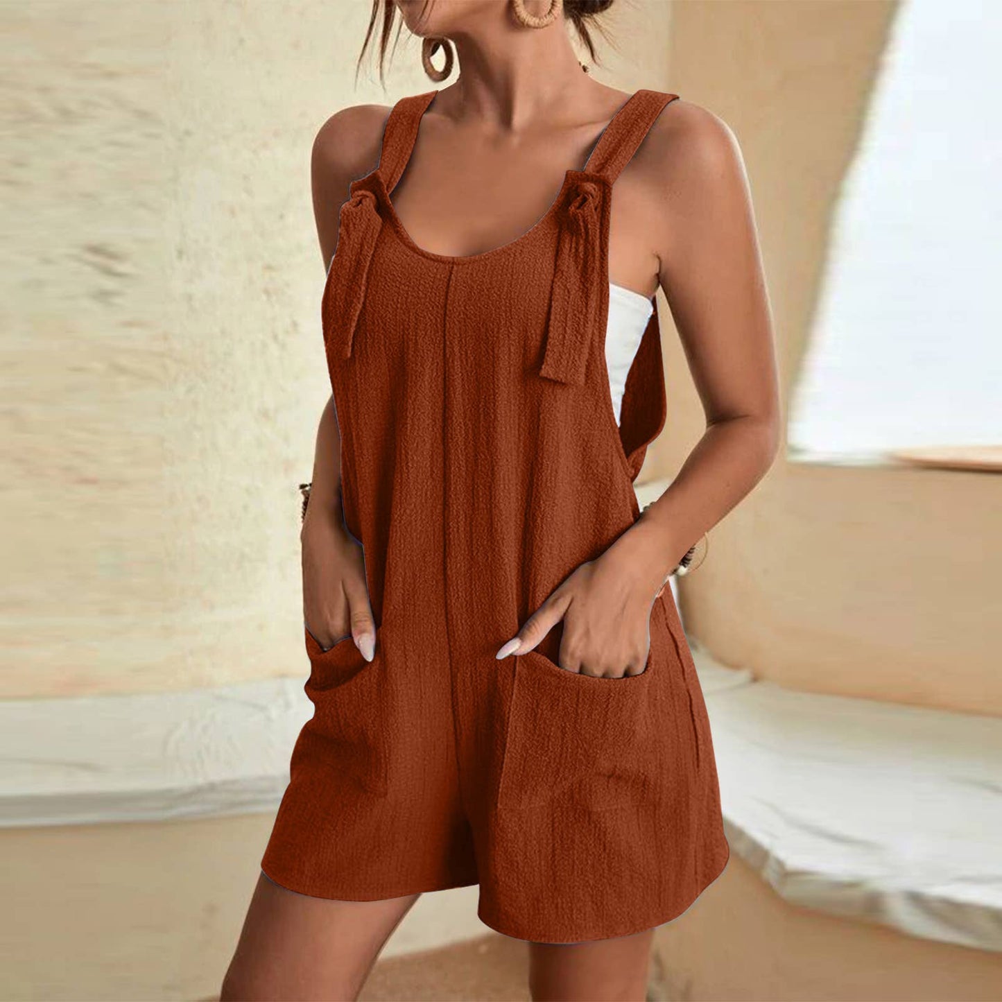 Summer Solid Color Romper Pocket Women Jumpsuit