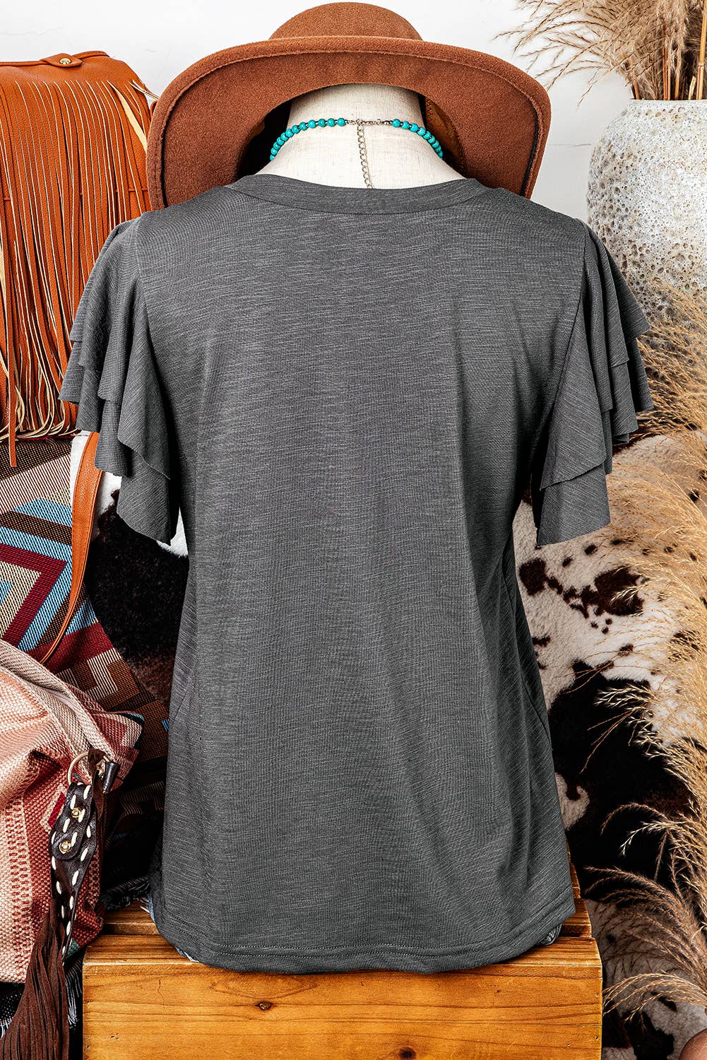 Fashion Western Layered Ruffle Short Sleeve Round Neck Top
