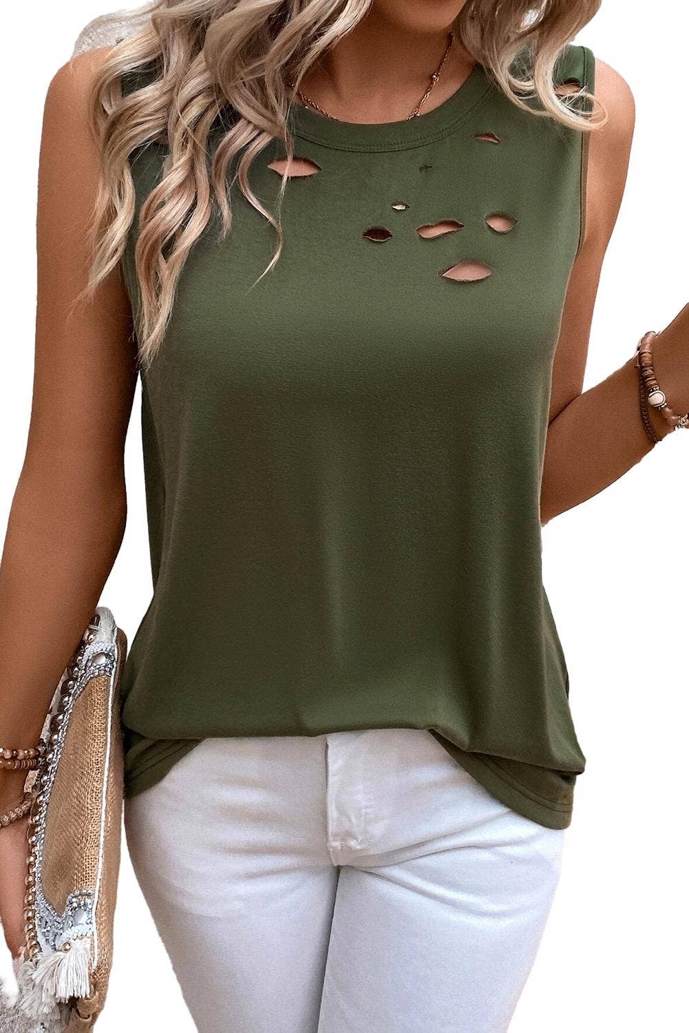 Solid Distressed Holes Tank Top