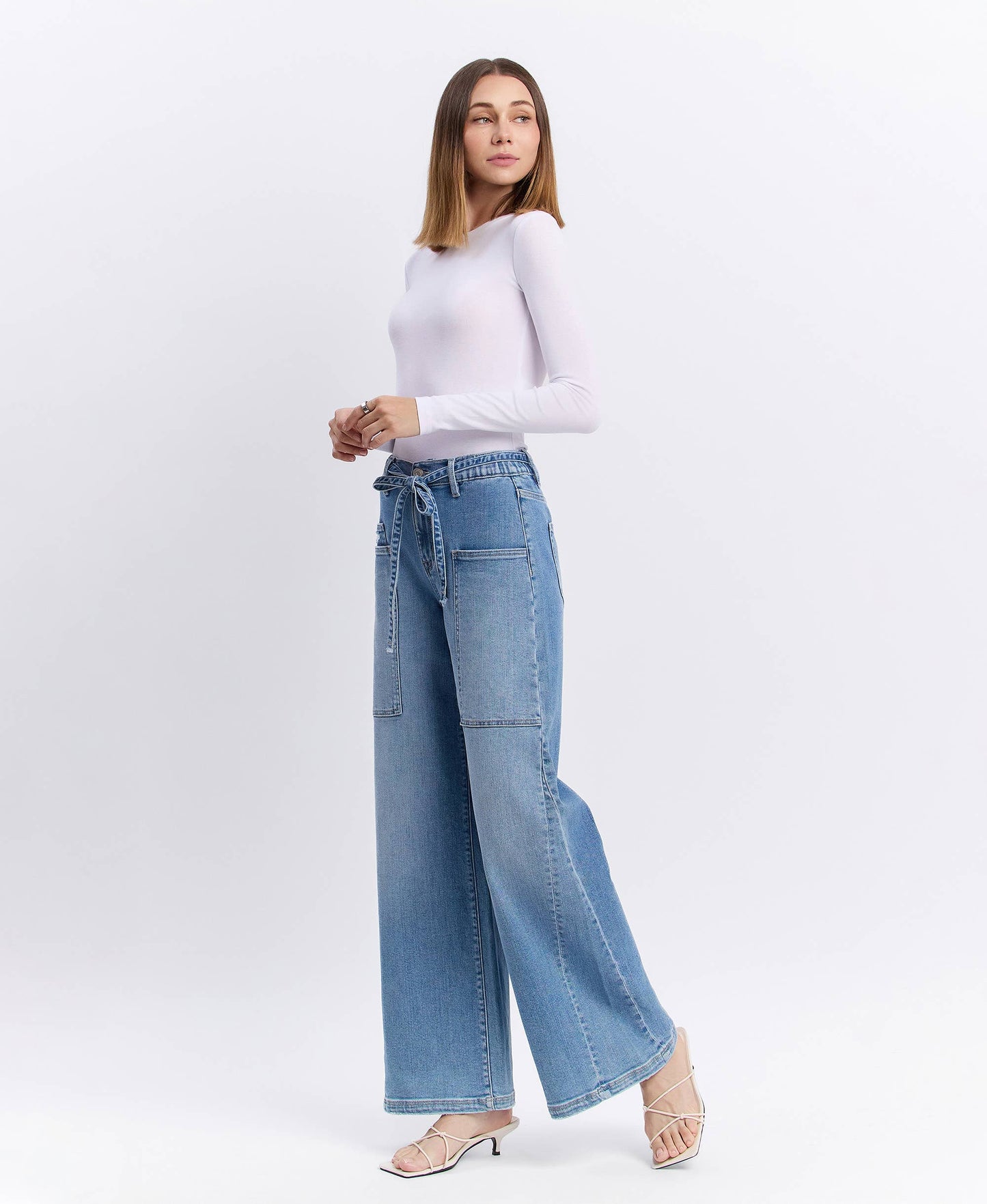 HIGH RISE ELASTIC TIE WAISTBAND BAGGY WIDE JEANS F5955