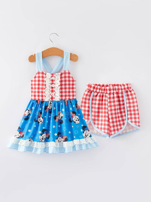4th of July Print Plaid Girls Outfits Set πΊπΈ