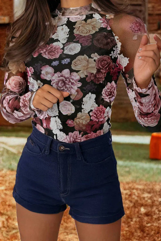 Fashion-W Mesh Floral Print Mock Neck Long Sleeve Slim Top