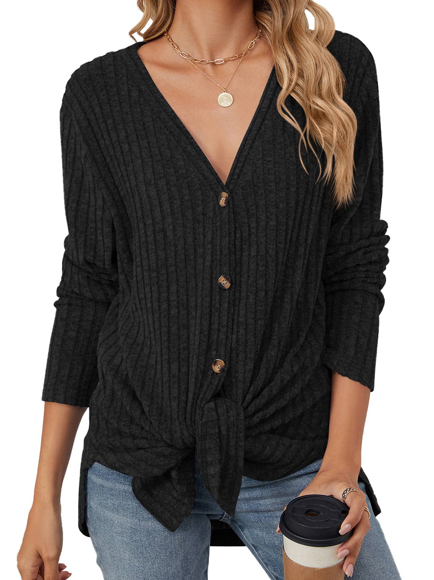 Solid Color Button Cardigan Knitted Brushed Jacket