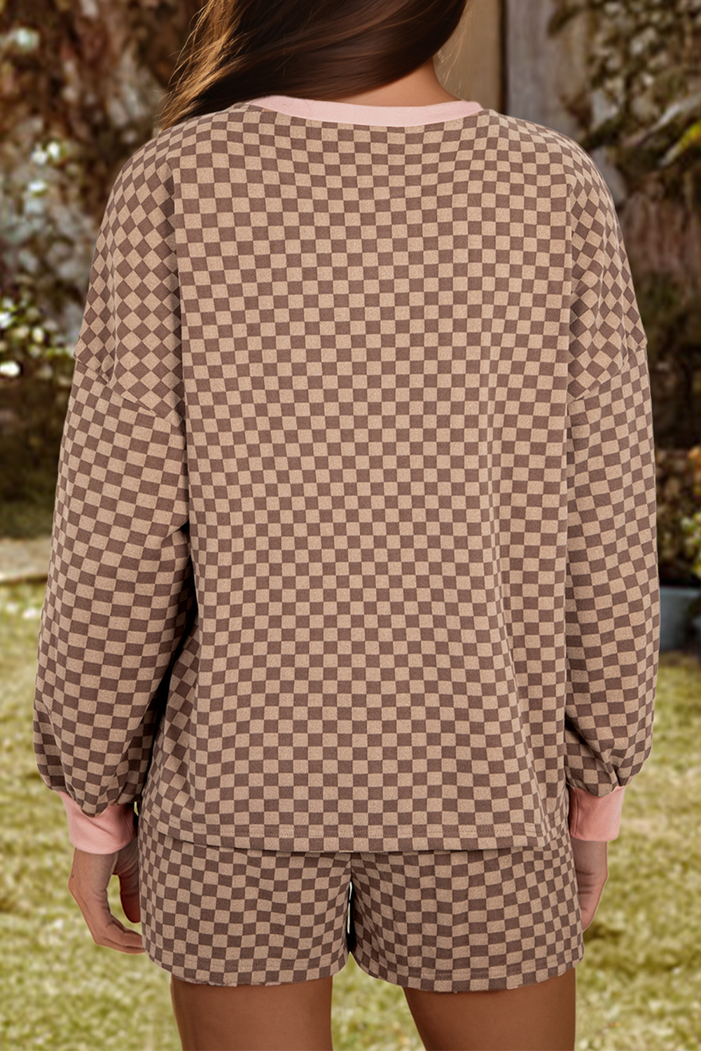 Fashion-W Checkerboard Long Sleeve Pullover and Shorts Set