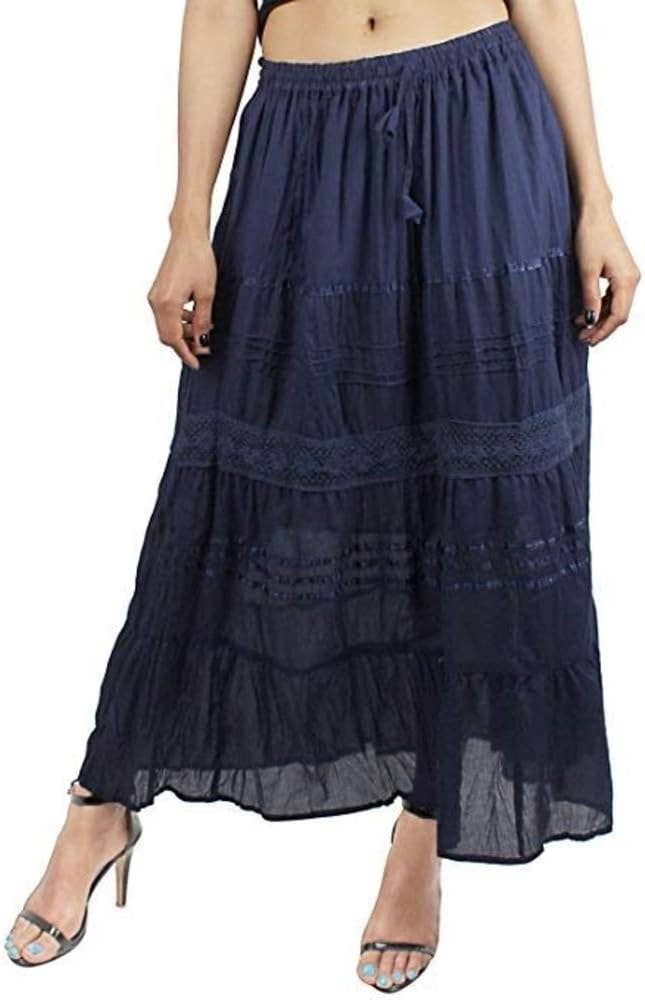Womens Cotton Lace & Ribbon Tier Boho Long Maxi Skirt Navy