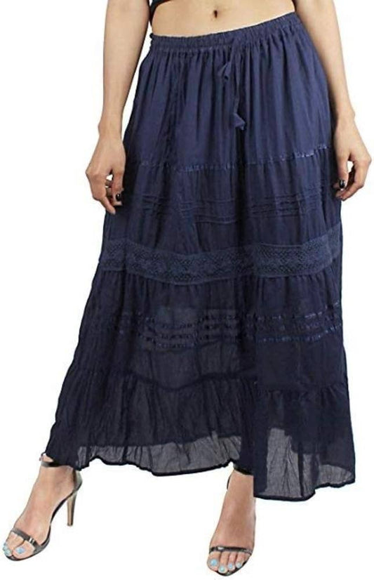 Womens Cotton Lace & Ribbon Tier Boho Long Maxi Skirt Navy
