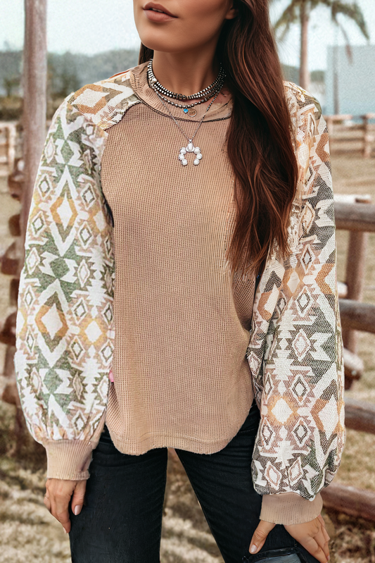 Fashion-W Western Waffle Patchwork Raglan Sleeve Knit Top