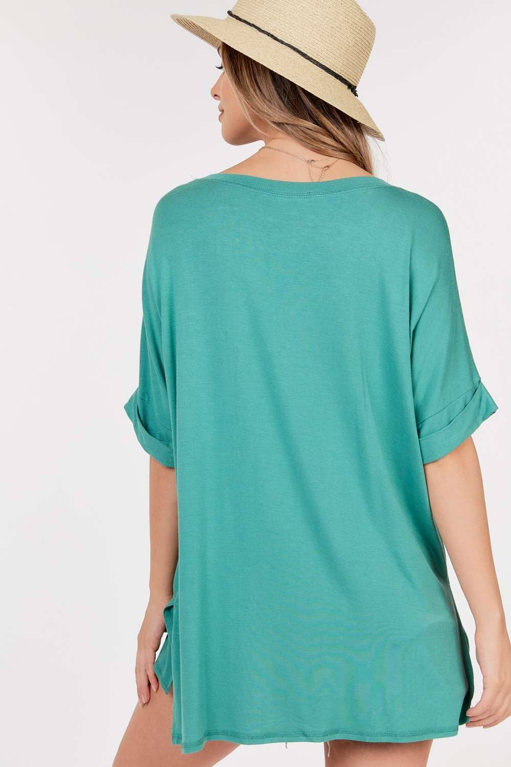 Rolled Short Sleeve Round Neck Top