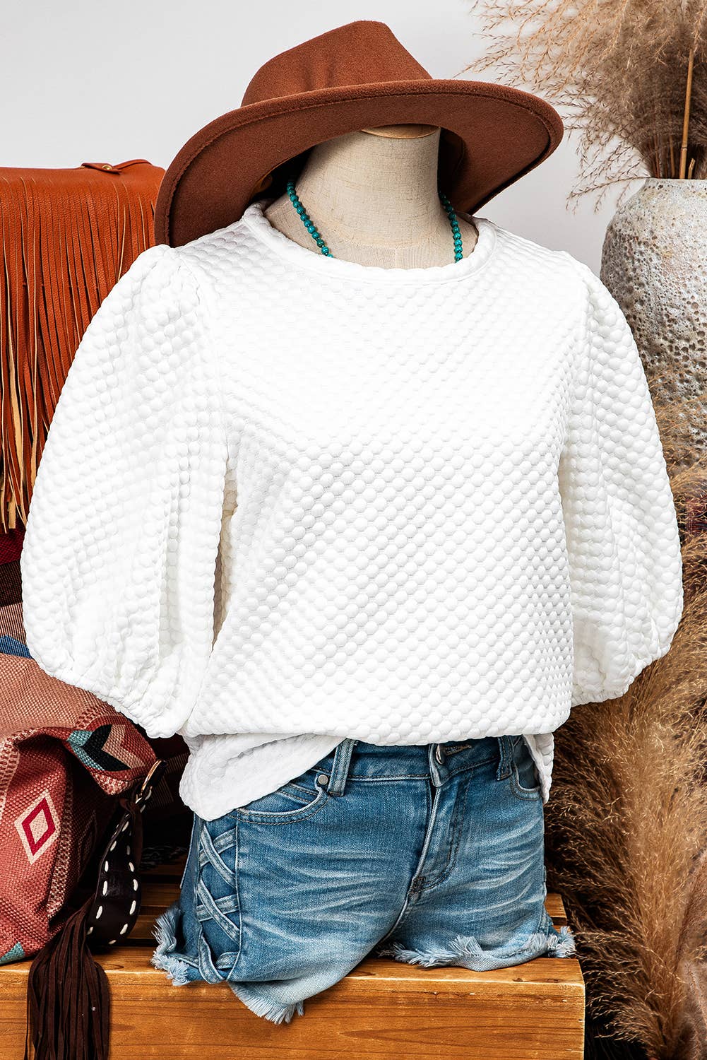 Fashion-W Textured O Neck Puff Sleeve Blouse