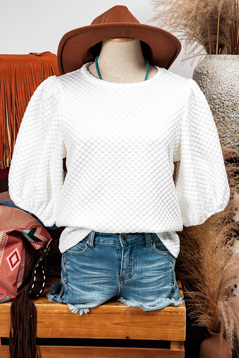 Fashion-W Textured O Neck Puff Sleeve Blouse