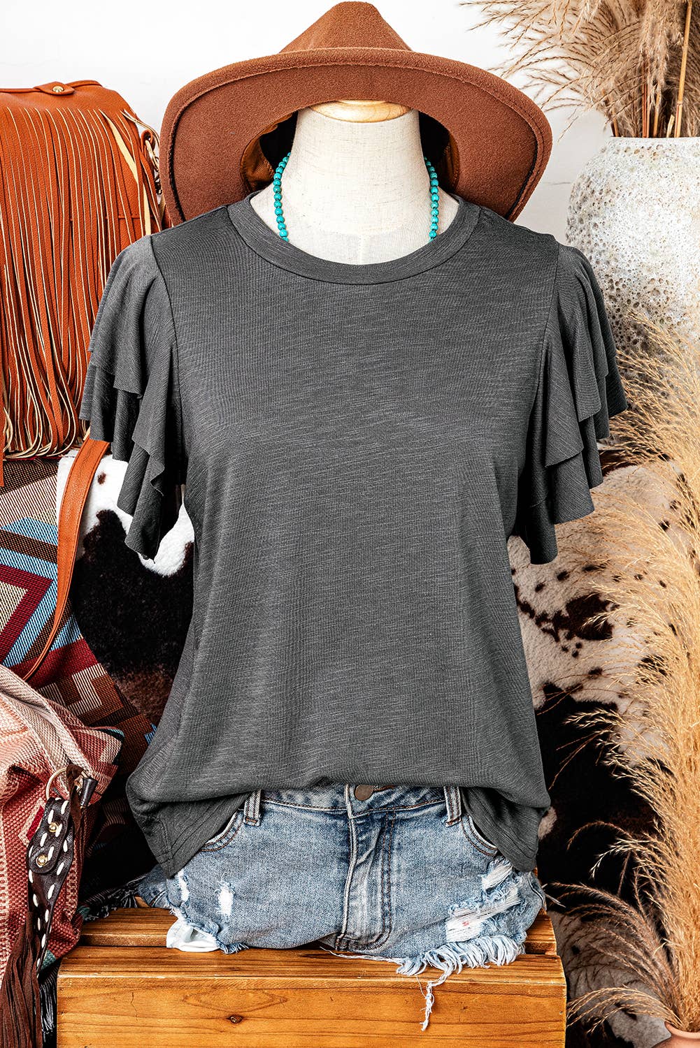 Fashion Western Layered Ruffle Short Sleeve Round Neck Top