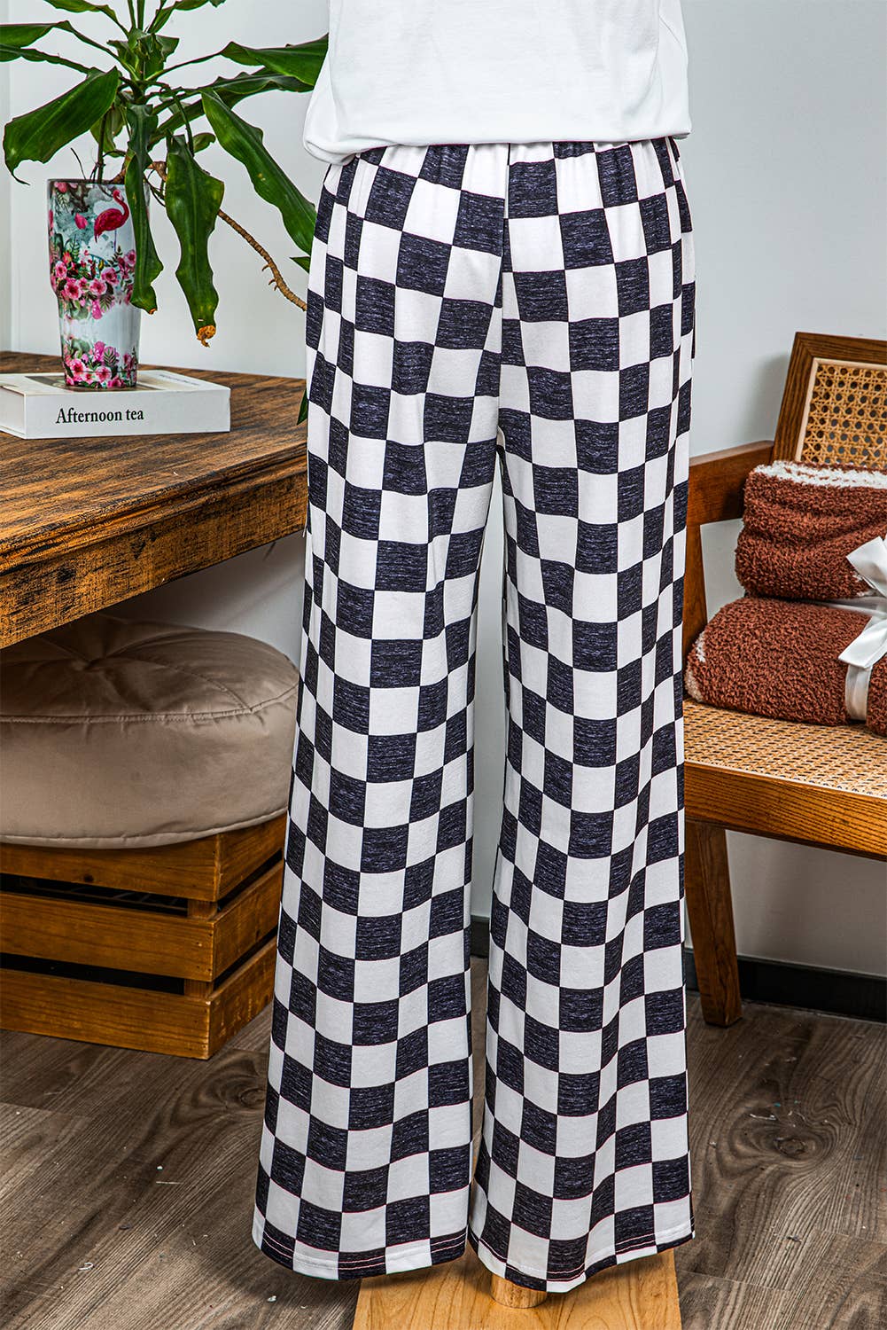 Fashion-W 2-Tone Checked Print High Waist Wide Leg Pants