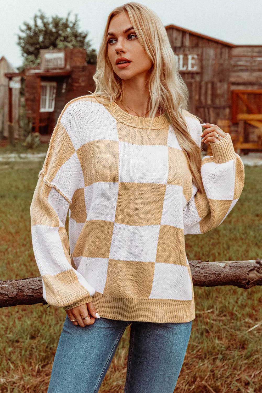 Fashion-W Checkered Bishop Sleeve Sweater*S-2XL