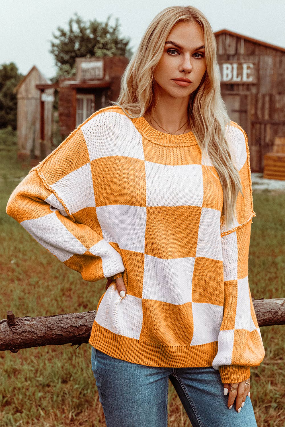 Fashion-W Checkered Bishop Sleeve Sweater*S-2XL