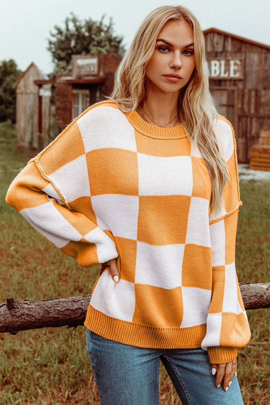 Fashion-W Checkered Bishop Sleeve Sweater*S-2XL