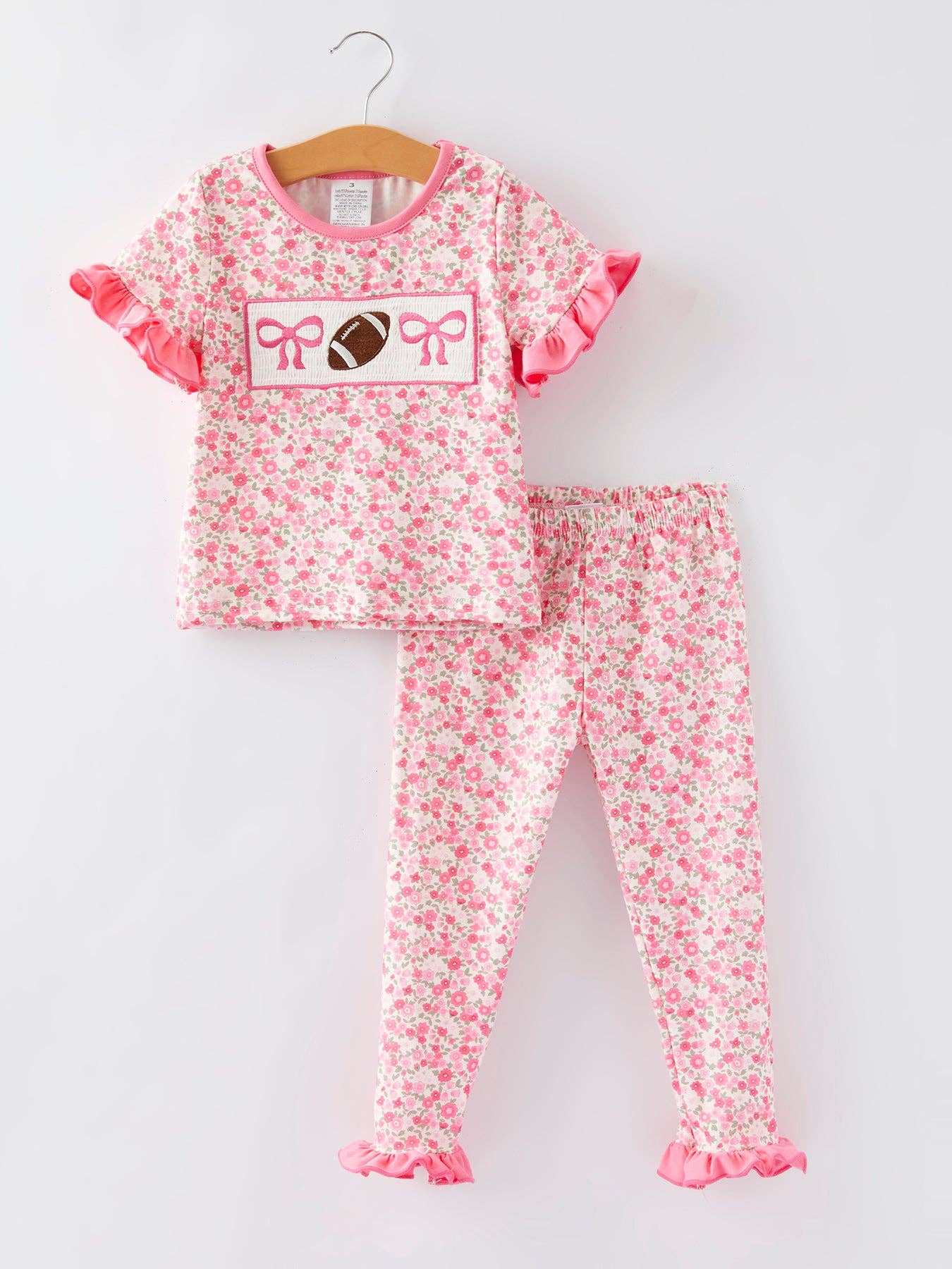 Football Smocking Bow Embroidered Girls Ruffle Outfit Set